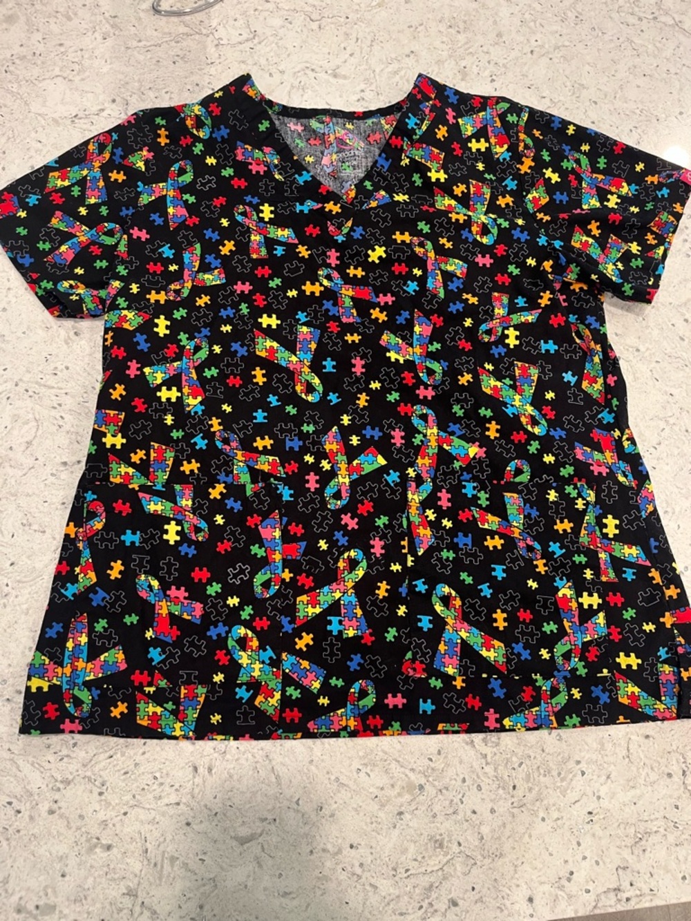 Peaches Uniforms Black Multicolor Puzzle Piece Scrub Top